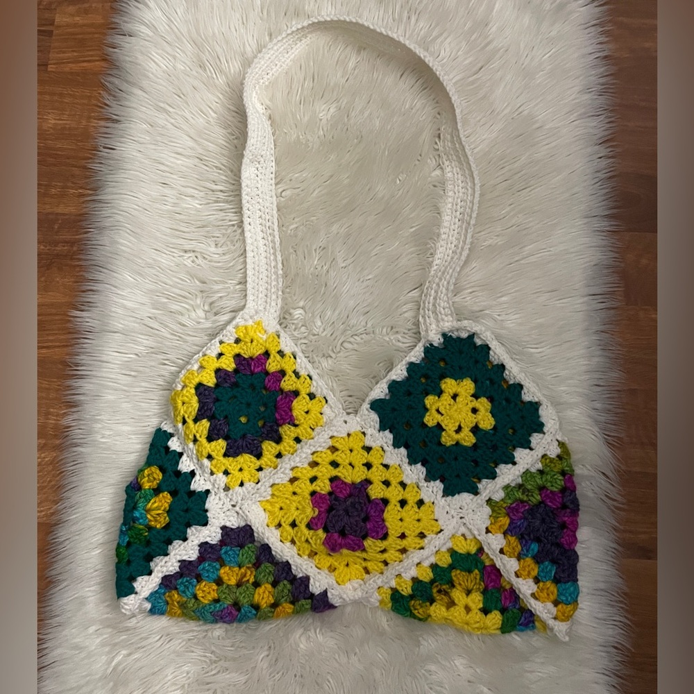 Handmade granny square crocheted crossbody handbag
